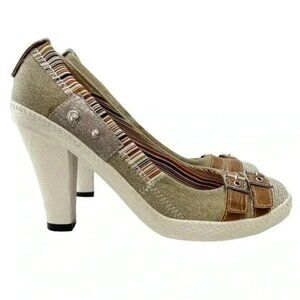 Joy & Peace High Heel Buckle Loafer Pumps Canvas Tan Khaki Size EU37 US6.5